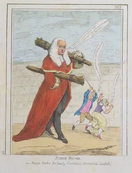 Richter Daumen - oder Patentstöcke zur Familienkorrektur; Gesetzlich garantiert, Karikatur von Richter Butler, aus Rowlandsons Karikaturmagazin, Bd. II, veröffentlicht von Thomas Tegg, ca. 1782